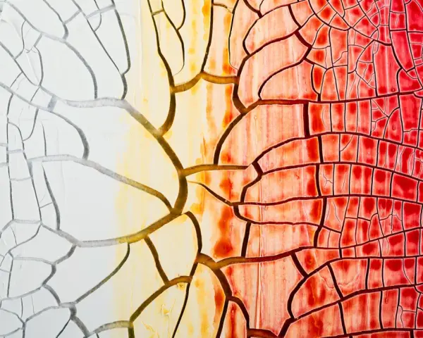 Un fond peinture acrylique craquelé, passant du blanc au jaune puis au rouge vif, évoquant une terre aride ou une éruption volcanique.