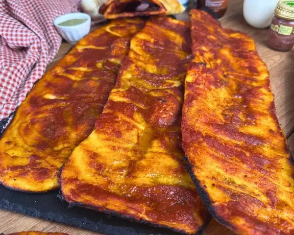 Lingue di pizza sottili e croccanti, condite con salsa rossa e dorate al forno.