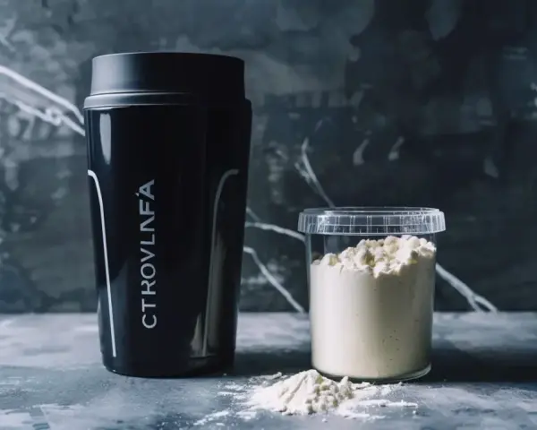 Czarny shaker i pojemnik z proszkiem. Cytrulina co daje? Poprawia wydolność i regenerację.
