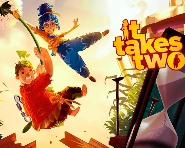 Dos personajes animados, un chico y una chica, se balancean en un diente de león. El título del juego, "It Takes Two", aparece en letras grandes y coloridas.