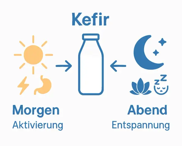 Kefir na noc dla relaksu. Obrazek pokazuje słońce i żołądek po lewej (aktywacja rano) oraz księżyc, kwiat i śpiącą twarz po prawej (relaks wieczorem).