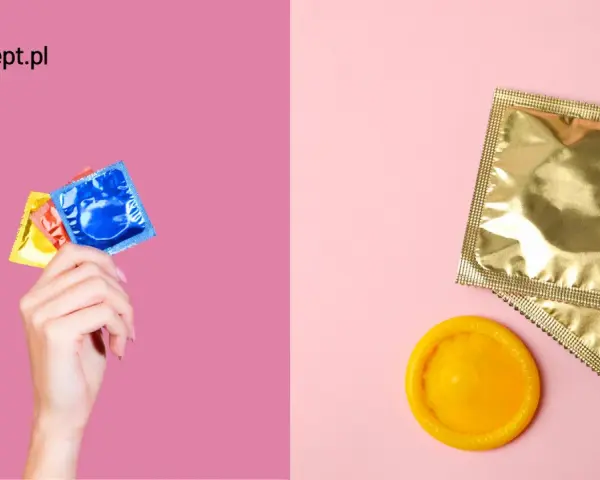 Durex co to? Różne rodzaje prezerwatyw w kolorowych opakowaniach i jedna rozłożona, gotowa do użycia.