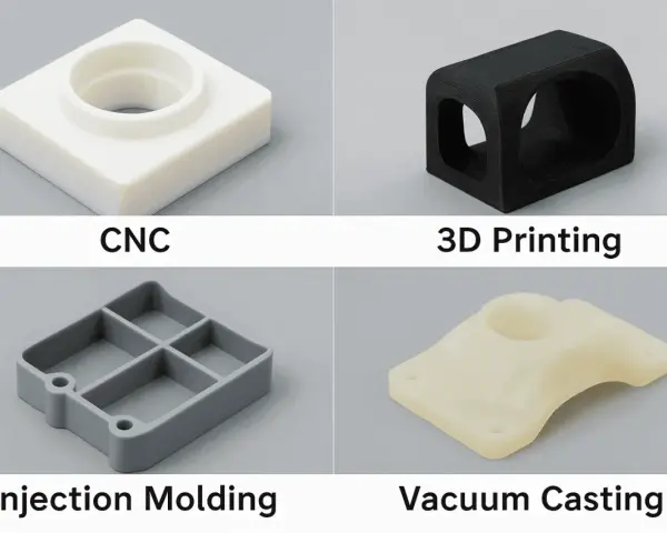 Four manufacturing methods: CNC (subtractive manufacturing), 3D Printing, Injection Molding, and Vacuum Casting, each showcasing a different prototype part.