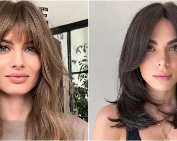 Dos estilos de corte de pelo que favorecen un **corte de pelo cara redonda**: uno con flequillo y capas rubias, otro con capas oscuras y raya en medio.