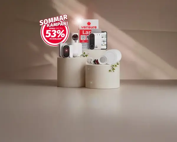 Sommarkampanj med upp till 53% rabatt på hemlarm. Verisure Z-Wave-produkter visas upp.