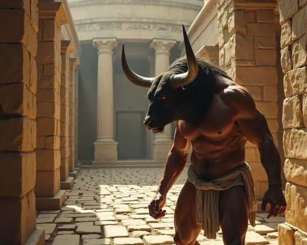 Potężny Minotaur, postać z mitu o minotaurze, kroczy przez kamienne korytarze labiryntu.