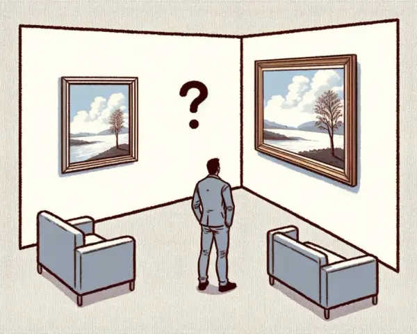 Hombre frente a dos cuadros, ¿cuál elegir? Reflexiona sobre los tipos de lienzos y la decisión artística.