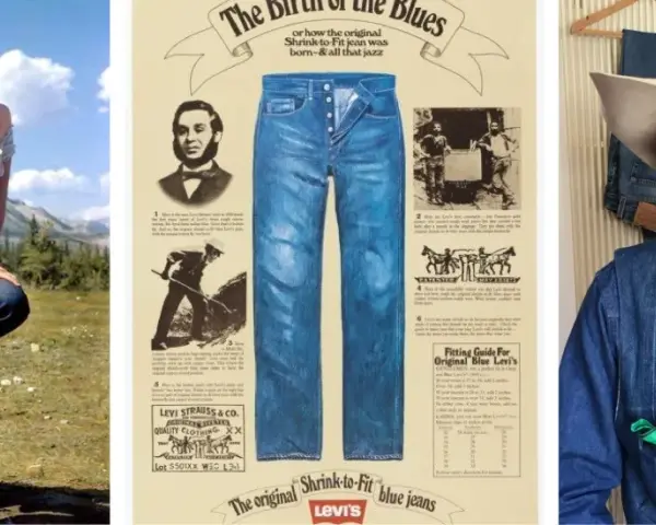 Marilyn Monroe, un poster storico e un uomo con cappello da cowboy celebrano chi ha inventato i jeans, Levi Strauss.