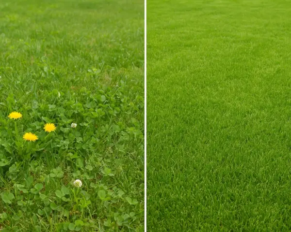 Links: Löwenzahn und Klee im Rasen. Rechts: Perfekt gepflegter Rasen ohne Unkraut.