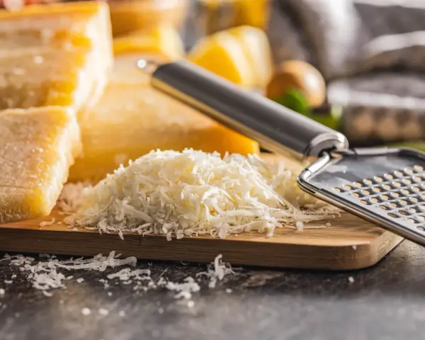 Tarta z serem, gdzie zamiast parmezanu użyto mozzarelli, przygotowana na desce z tarką.