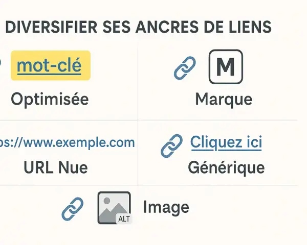 Diversifier les ancres de liens : mot-clé optimisé, marque, URL nue, générique. Stratégies pour comment obtenir des backlinks variés.
