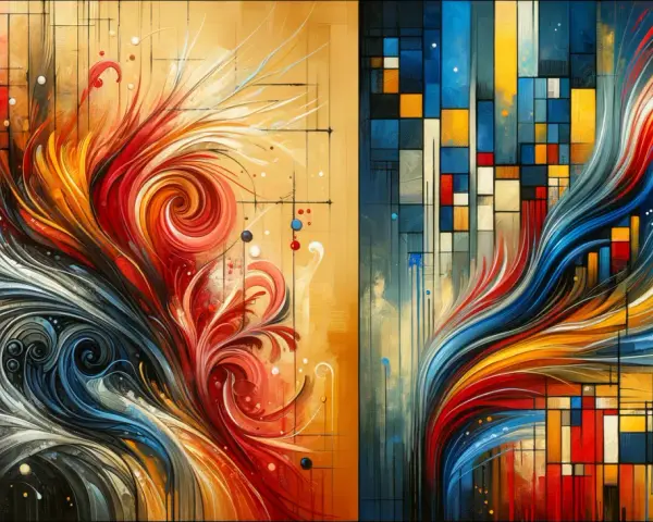 Explosion de couleurs vives dans une **abstraction lyrique** dynamique, mêlant courbes fluides et formes géométriques.