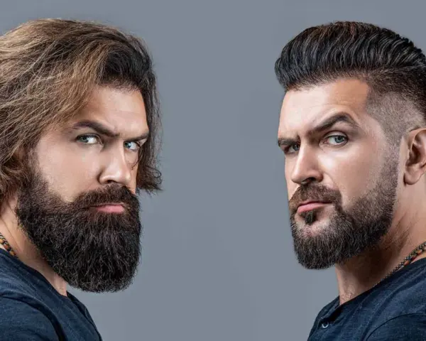 Dos hombres con barba. Uno con pelo largo y barba tupida, el otro con pelo corto y barba hipster corta.