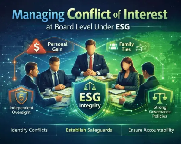 Board members discuss managing conflict of interest, considering personal gain and family ties, to ensure ESG integrity through independent oversight and strong governance.