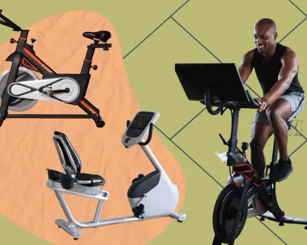 A man rides a stationary bike while a pedal exerciser and recumbent bike are shown.