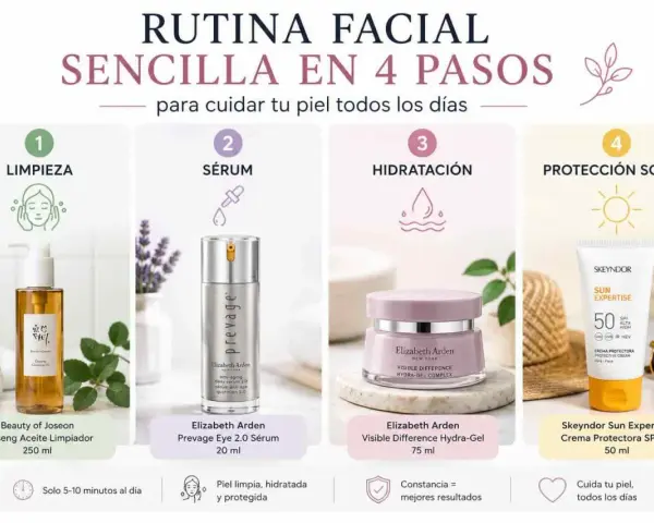Rutina facial sencilla en 4 pasos: limpieza, sérum, hidratación y protección solar. ¡Cuida tu piel todos los días!