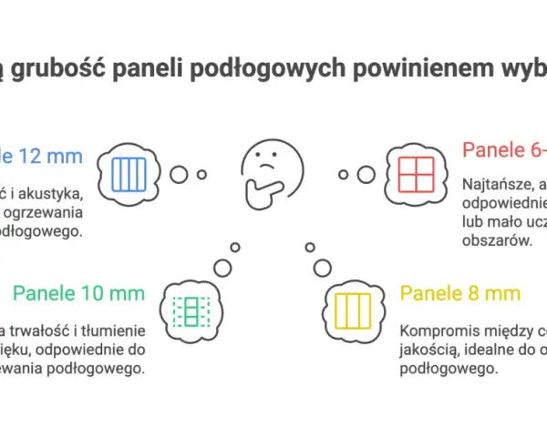Panele winylowe: 12 mm (trwałe, akustyczne, nie do ogrzewania), 10 mm (dobre do ogrzewania), 8 mm (kompromis, do ogrzewania), 6-7 mm (najtańsze, tymczasowe).