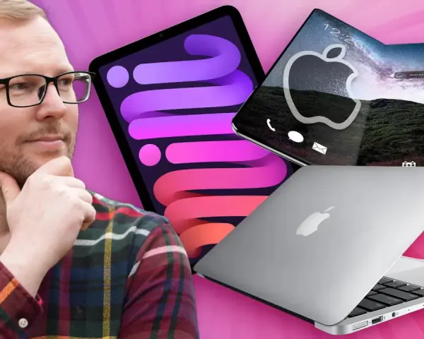 Mann mit Brille denkt über iPad, faltbares iPhone und MacBook nach.