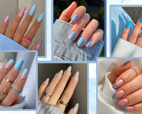 Collezione di unghie celesti e bianche con diverse nail art: sfumature, french manicure e decorazioni astratte.