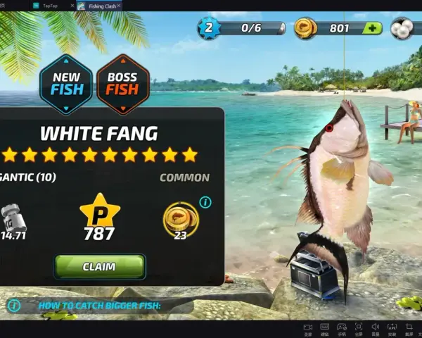 W grze Fishing Clash złowiono białego rekina. Gracz zdobył 787 punktów i 23 monety.