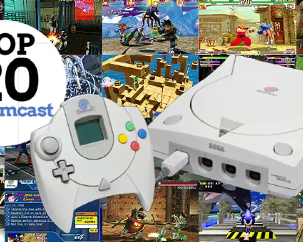 Collage de imágenes de videojuegos de Dreamcast, mostrando la consola y el mando, con escenas de algunos de los mejores juegos Dreamcast.