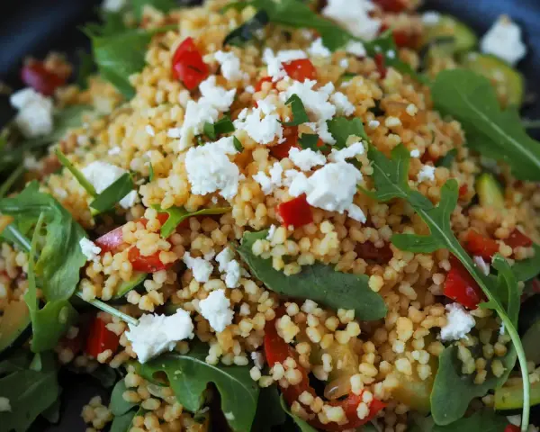 Ein bunter Couscous-Salat mit Feta, roten Paprikawürfeln und Rucola. Frisch und lecker!