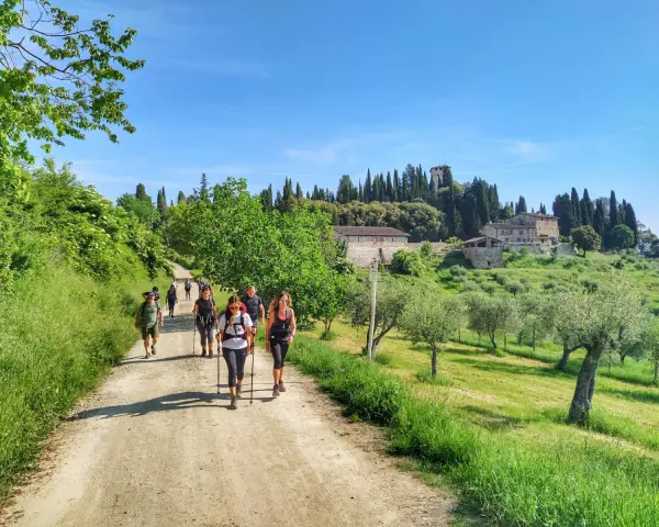 Gruppo di escursionisti su sentiero sterrato, con case coloniche e cipressi sullo sfondo. La Via degli Dei, nonostante la bellezza, presenta una certa difficoltà.