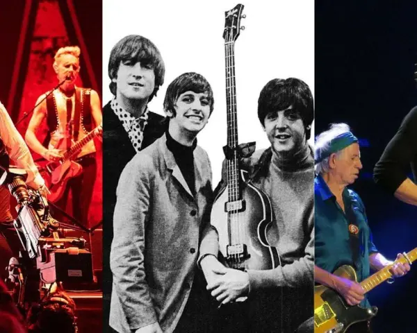 The Beatles i The Rolling Stones, dwa najpopularniejsze brytyjskie zespoły rockowe, w kolażu zdjęć.