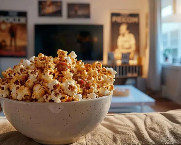 Un bol généreux de pop corn maison, caramélisé et prêt à être dégusté devant un bon film.