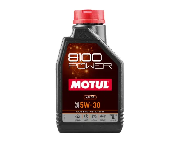 Czarna butelka oleju silnikowego Motul 8100 Power 5W-30 z czerwonym korkiem.