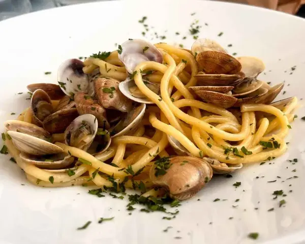 Spaghetti con lupini di mare freschi, un piatto che profuma di mare e tradizione, guarnito con prezzemolo tritato.