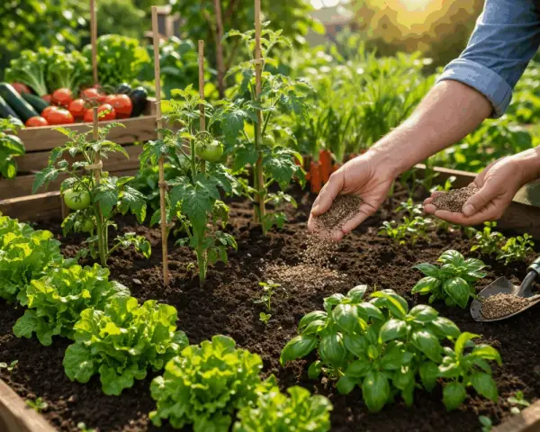 Mani spargono concime bio su un orto con lattuga, pomodori e basilico.
