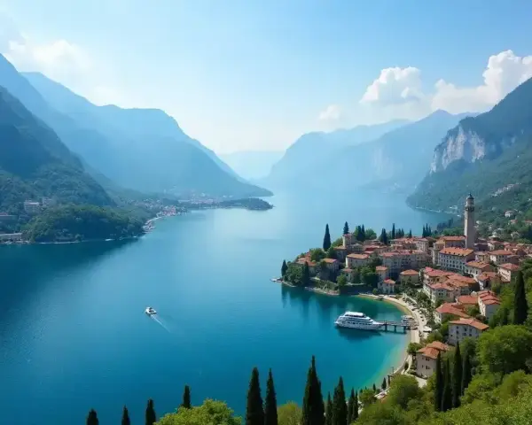 Malownicze miasteczko nad jeziorem Como lub Garda, z górami w tle i łodziami na turkusowej wodzie.