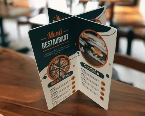 Carta de un restaurante con imágenes de pizza y sándwich. Muestra opciones de menú y precios.