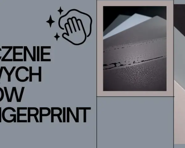 Czyszczenie matowych frontów anti-finger. Woda na ciemnej powierzchni, obok próbek kolorów.