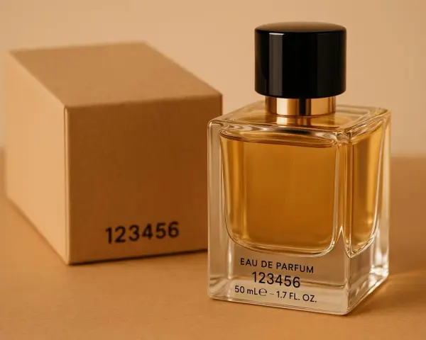 Parfümflasche mit schwarzem Deckel und brauner Schachtel, beide mit der Nummer 123456.