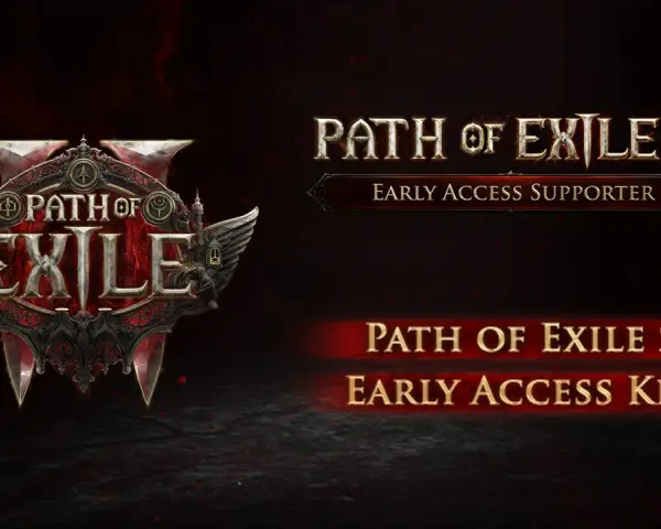 El logo de Path of Exile 2 con el texto "Early Access Supporter" y "Early Access Key" sobre un fondo oscuro y rojo.