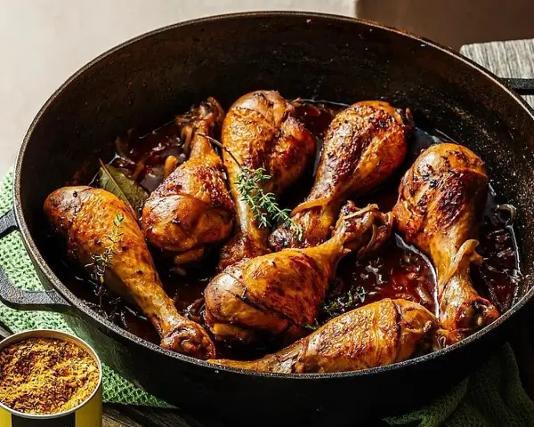 Sabroso pollo a la cerveza dorado y jugoso, cocinado en una sartén de hierro fundido con hierbas aromáticas.