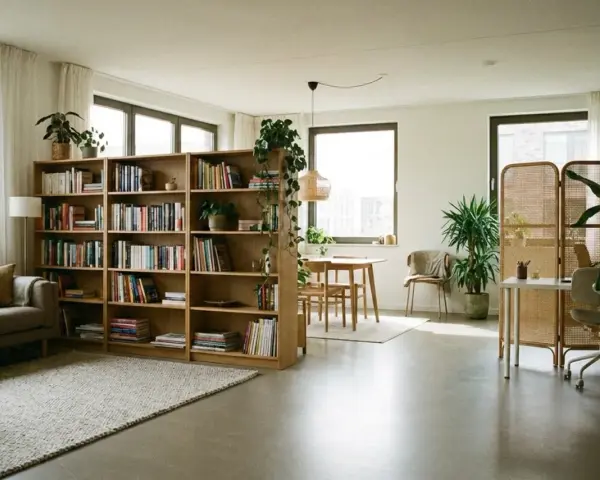Libreria divisoria e paravento in rattan: idee per come dividere una stanza senza opere murarie, creando zone funzionali.