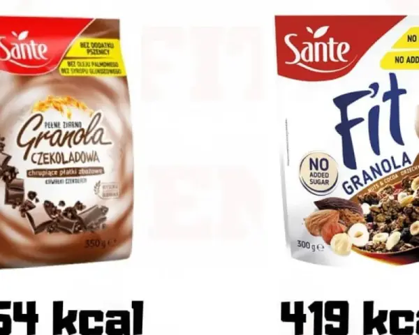 Dwie granole Sante: czekoladowa (454 kcal) i orzechowo-kakaowa (419 kcal). Idealne na zdrowy początek dnia, gdy szukasz domowa granola przepis fit.