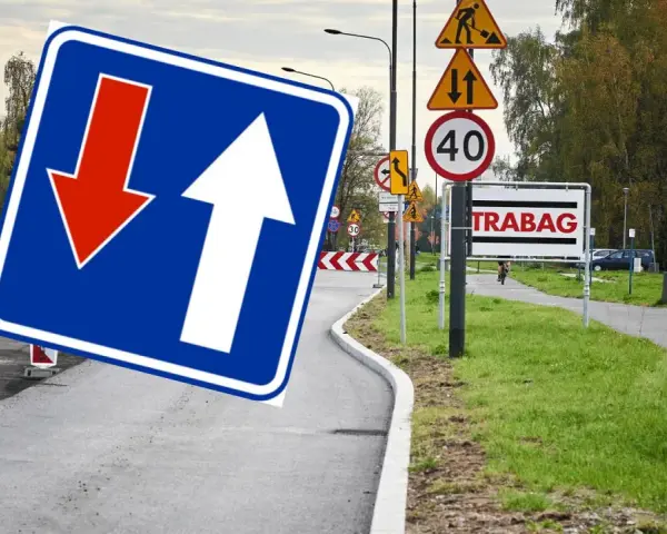Znak D5 informuje o ruchu jednokierunkowym, ale tu strzałka w dół sugeruje objazd.