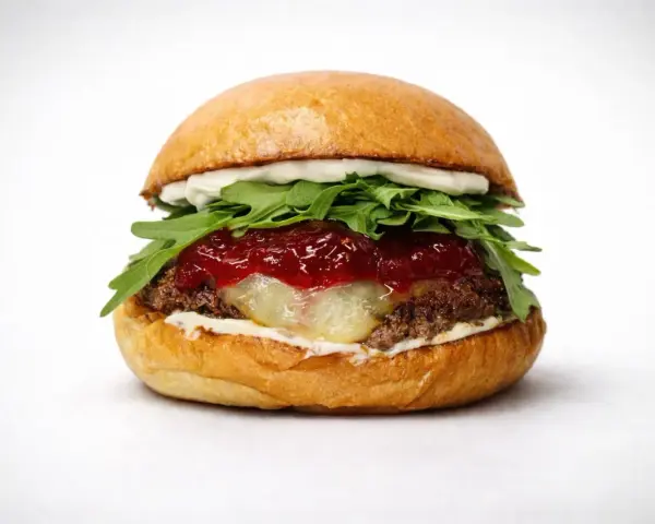 Soczysty burger z rukolą, konfiturą i roztopionym serem na białym tle.