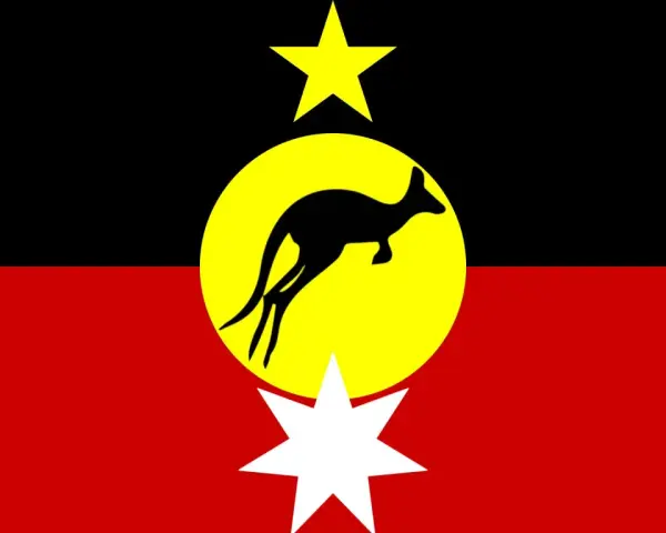 Flaga Australii rdzennej: czarny pas, żółte koło z czarnym kangurem, żółta gwiazda i biała gwiazda.