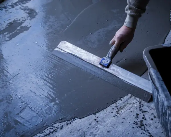 Main d'un ouvrier réalisant un ragréage de terrasse extérieur avec une lisseuse, assurant une pente pour l'évacuation de l'eau.