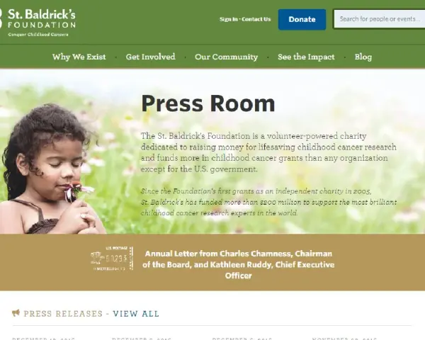 St. Baldrick's Foundation press release page features a child smelling a flower.