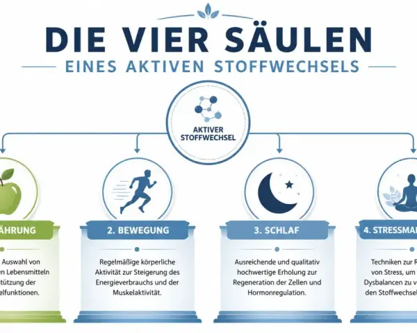 Die vier Säulen eines aktiven Stoffwechsels: Ernährung, Bewegung, Schlaf und Stressmanagement. So kannst du deinen Stoffwechsel ankurbeln.