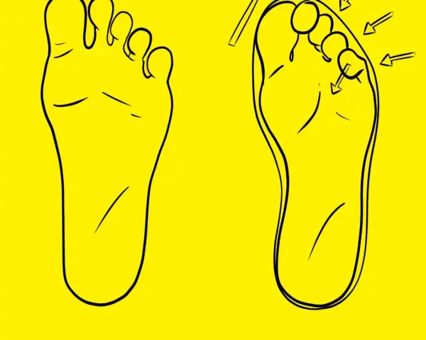 Dos pies dibujados en negro sobre fondo amarillo. Uno muestra el pie normal, el otro el pie con el segundo dedo más largo, el llamado dedo griego.
