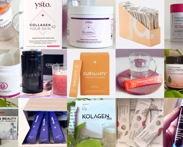Różne produkty z kolagenem, w tym proszki, shoty i saszetki. Wybierz najlepszy kolagen na stawy dla siebie!