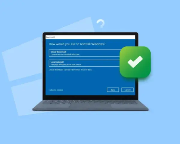 Ekran wyboru opcji reinstalacji Windows 10: pobieranie z chmury lub lokalna. Zielony znacznik potwierdza wybór.