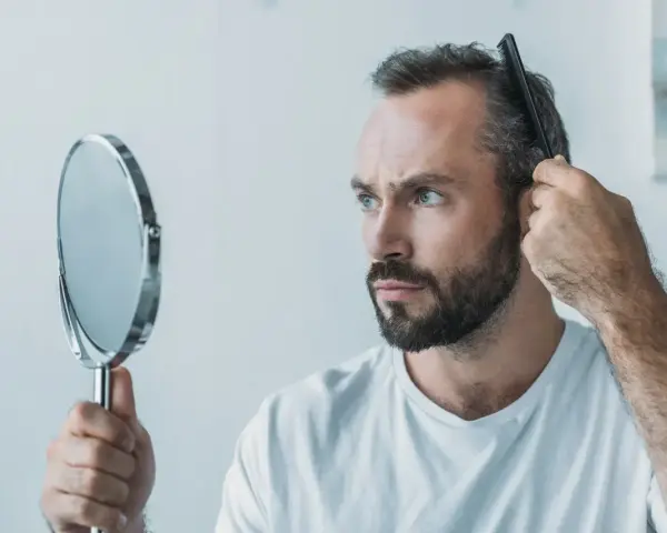 Mann kämmt sich die Haare, besorgt über Haarausfall. Er fragt sich, warum seine Haare nicht mehr wachsen, Frau.
